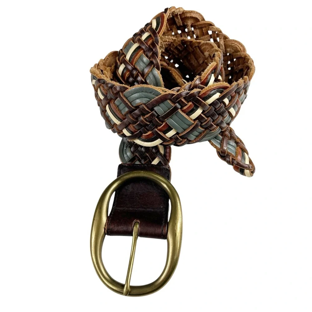 Belt Women's Size Small Multicolor Leather Braided Solid Brass Buckle Cowgirl